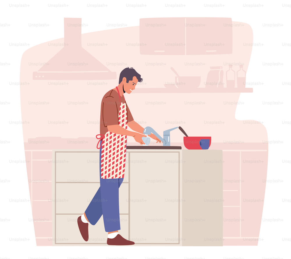 Man Cleaning Kitchenware, Household Activity, Domestic Chores and Hygiene Duties, Dishwashing Sanitary Process. Male Character Wash Dirty Plates on Kitchen Sink. Cartoon Vector Illustration