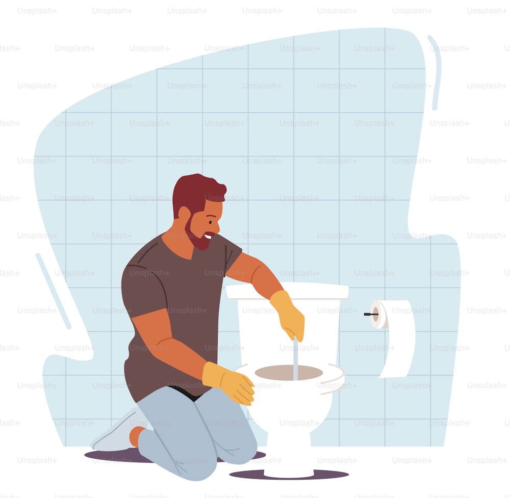 Man Household Duties Concept. Handyman Remove Blockage with Plunger in Toilet, Fixing Broken Plumbing at Home Bathroom. Husband or Plumber Repair Fix Sanitary. Cartoon Vector Illustration