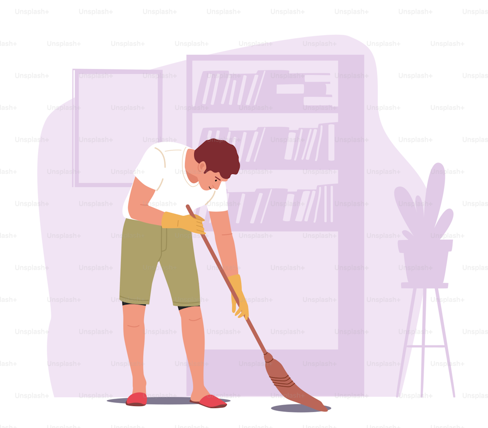 Home Routine, Household Duties in Living Room. Young Man Doing Domestic Work, Sweeping Floor with Broom, Every Day or Weekend Chores, Male Character Sweet Apartment. Cartoon Vector Illustration