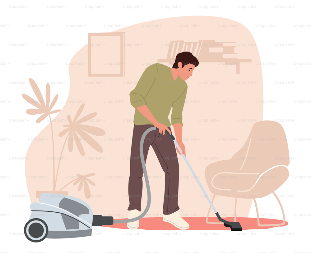 Male Character Vacuuming Home with Vacuum Cleaner in Living Room. Young Man Doing Domestic Work, Cleaning Floor or Carpet, Every Day Routine, Weekend Household Chores. Cartoon Vector Illustration