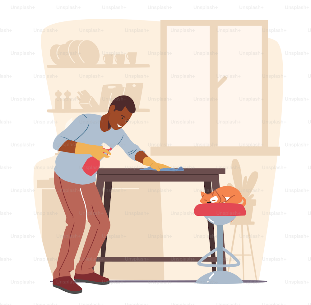 Man Cleaning Furniture with Duster and Water Sprayer, Wiping Table at Home during Weekend. Male Character Dusting Modern Apartment Interior, Housework Concept. Cartoon Vector Illustration