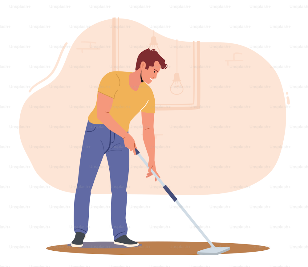 Home Routine, Household Duties Young Man Doing Domestic Work in Living Room, Cleaning Floor with Mop, Every Day or Weekend Chores, Male Character Mopping Apartment. Cartoon Vector Illustration
