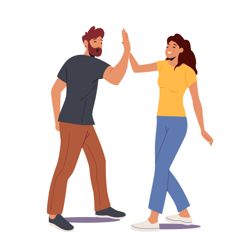 Male and Female Characters Informal Greetings, Happy People Giving High Five Isolated on White Background. Cheerful Friends and Colleagues Happiness, Joy Expression. Cartoon People Vector Illustration