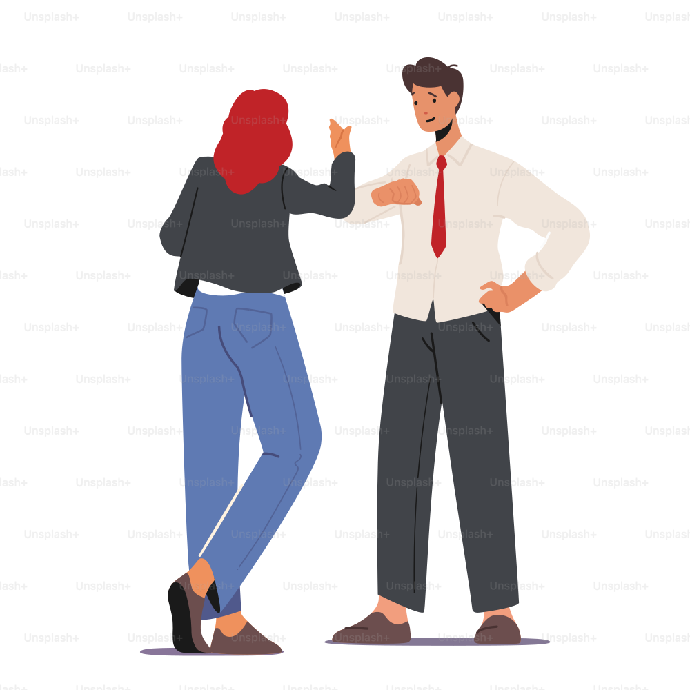 Male and Female Characters Greeting Each Other Hitting with Elbows. Alternative Noncontact Greetings, Social Distancing Concept with Friends or Colleagues. Cartoon People Vector Illustration
