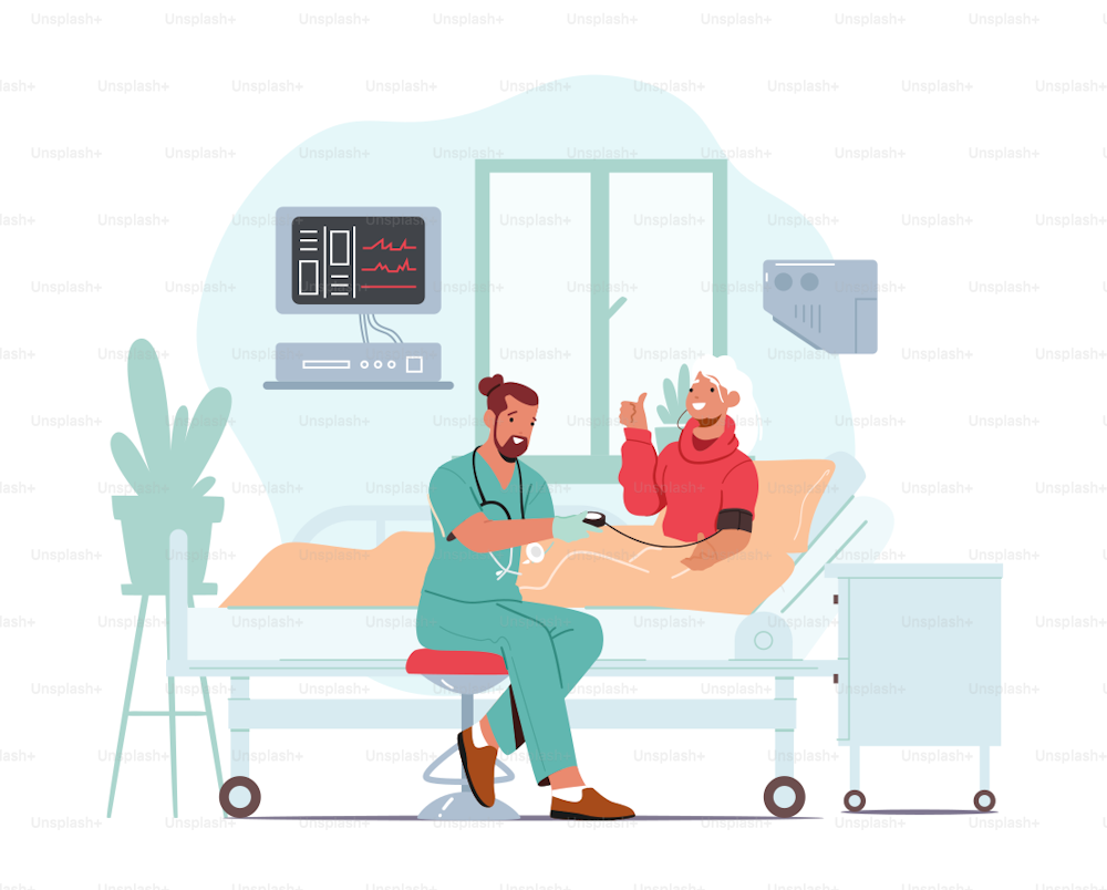 Senior Patient Character Hospitalization at Clinic Ward, Health Care Concept. Friendly Doctor or Nurse Measuring Blood Pressure to Old Woman Lying in Hospital Bed. Cartoon People Vector Illustration