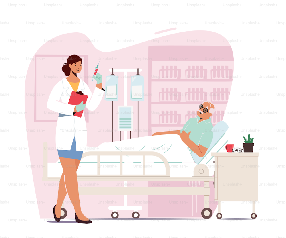 Elderly Health Care Medical Concept. Old Man in Hospital Room Apply Dropper, Senior Male Patient Character Resting in Bed, Doctor with Syringe Visiting Older Person. Cartoon People Vector Illustration