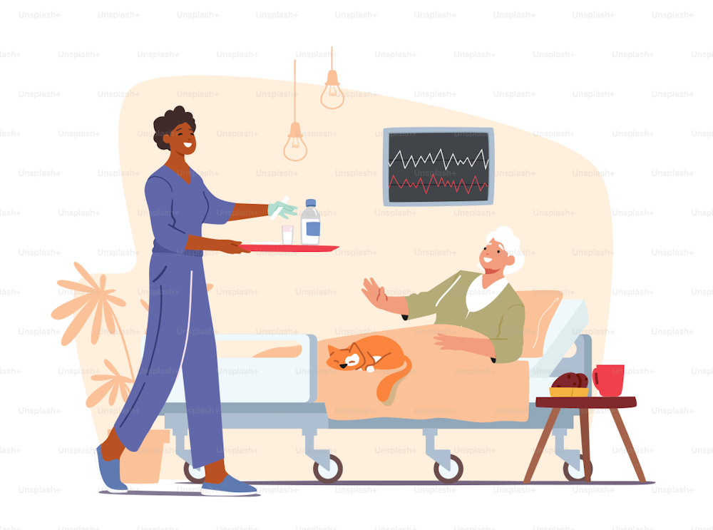 Senior Patient Female Character Lying in Clinic Ward for Treatment. Health Care Medical Staff Nurse Bringing Medicine Pills to Old Woman Lying in Hospital Bed. Cartoon People Vector Illustration