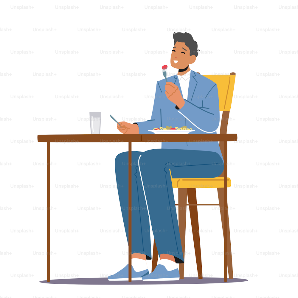 Young Man Sitting at Table in Restaurant or Cafe Having Meal. Hungry Male Character Eating Food. Hospitality Service, Gastronomy, Business Lunch Time, Relaxing Person. Cartoon Vector Illustration