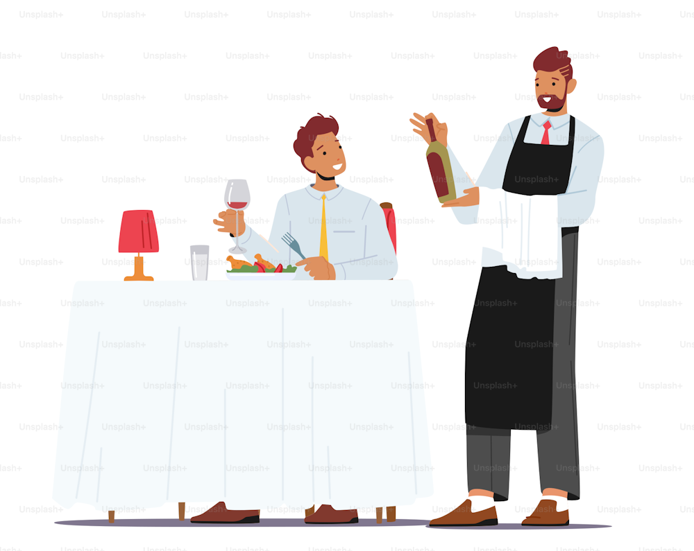 Young Man Sitting at Table Ordering Food and Wine in Restaurant. Waiter Bring Bottle to Male Character Relax in Cafe. Traveling, Hospitality Consumerism Concept. Cartoon People Vector Illustration