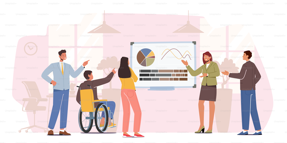 Business Team of Healthy and Disabled Characters Watch Presentation. Coach Pointing on Charts to Employees Explaining Company Strategy and Financial Indicators. Cartoon People Vector Illustration
