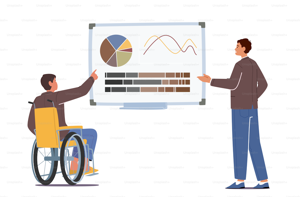 Business Presentation with Disabled Businessman Character on Seminar in Office, Trainer Give Financial Consultation at Board with Data Statistics Charts and Graphs. Cartoon People Vector Illustration