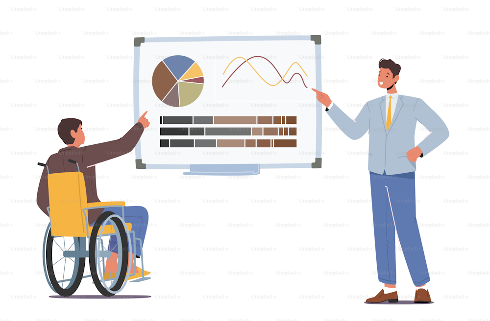 Conference Room Meeting, Presentation or Seminar with Business Trainer Character Giving Financial Consultation to Disabled Man Presenting Data Analysis Statistics. Cartoon People Vector Illustration