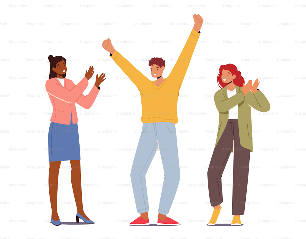Business Team Celebrate Success, Project Deal, Victory Goal Achievement. Women Applaud in Office to Successful Colleague Male Character, Rejoice for Good Job done. Cartoon Vector Illustration