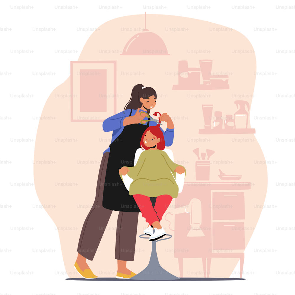 Beautician Grooming Place for Kid. Young Girl Groomer in Beauty Salon Cut Child Hair with Scissors. Hairdresser Master Character do Hairstyle for Baby in Barbershop. Cartoon People Vector Illustration