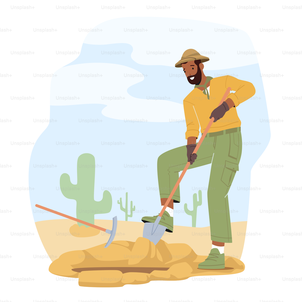 Archeologist Working on Excavations Digging Soil Layers with Shovel and Exploring Artifacts. Scientist with Professional Equipment Studying Ancient History. Cartoon People Vector Illustration