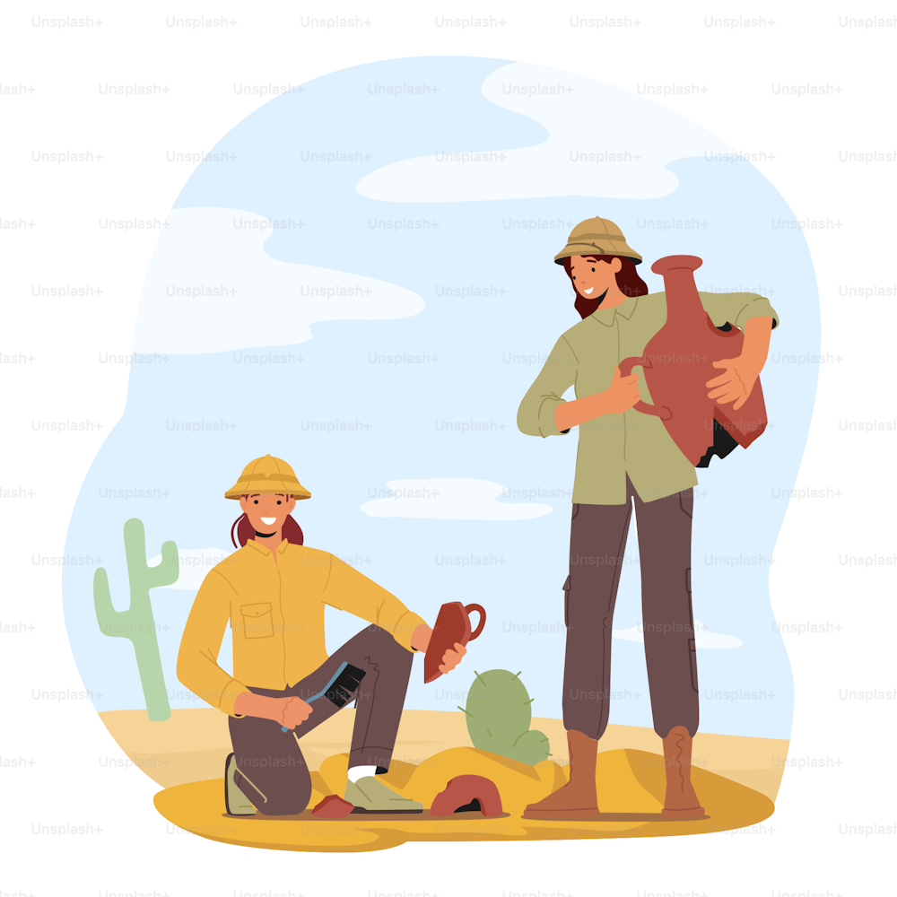 Archeologists Exploring Artifacts and Crockery Jugs at Ancient Human Settlement. People Studying History, Scientists Working on Excavations with Professional Equipment. Cartoon Vector Illustration