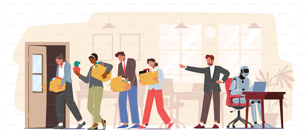 Boss Replacing Employees on Robot. Workers Characters Leaving Office with Stuff in Carton Boxes due to Dismissal from Workplace. Automation, Futuristic Technologies. Cartoon People Vector Illustration