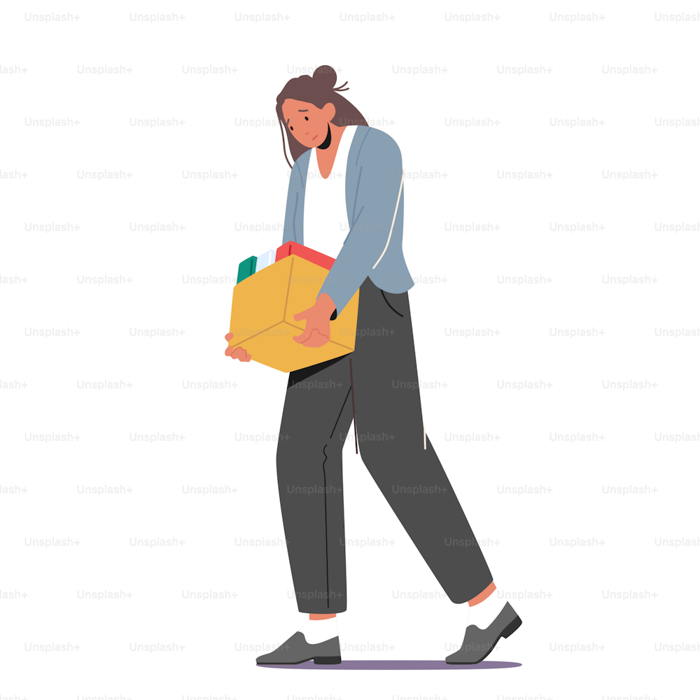 Woman Employee Fired From Job. Sad Girl with Box Walking Isolated on White Background. Manager or Clerk Firing, Dismissal from Office, Unemployment Problem Concept. Cartoon Vector Illustration