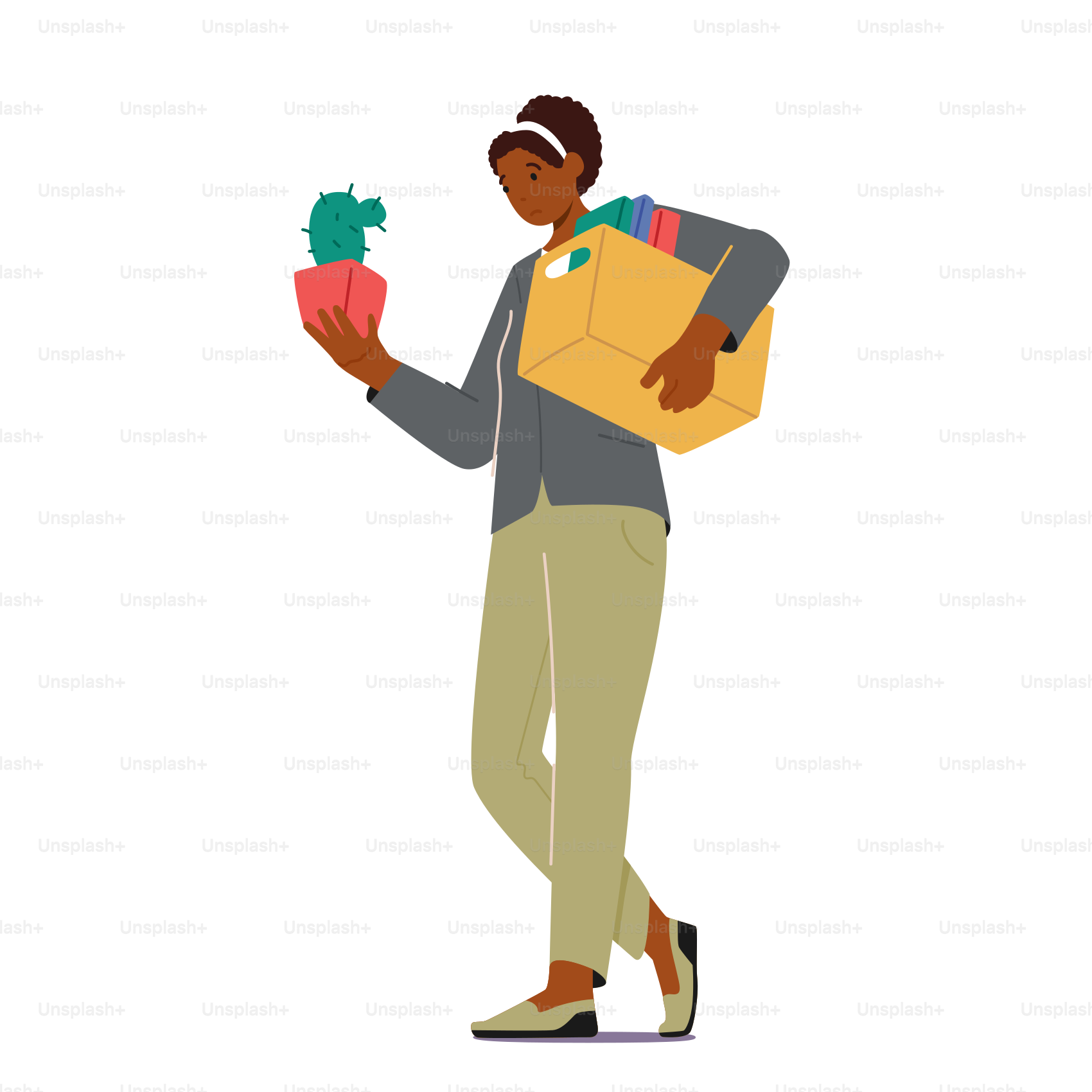 Triste chica despedida con caja y cactus en marihuana dejando a Job aislado sobre fondo blanco. Empleada despedida de su trabajo. Gerente empleado despido despido, concepto de desempleo. Ilustración vectorial de dibujos animados