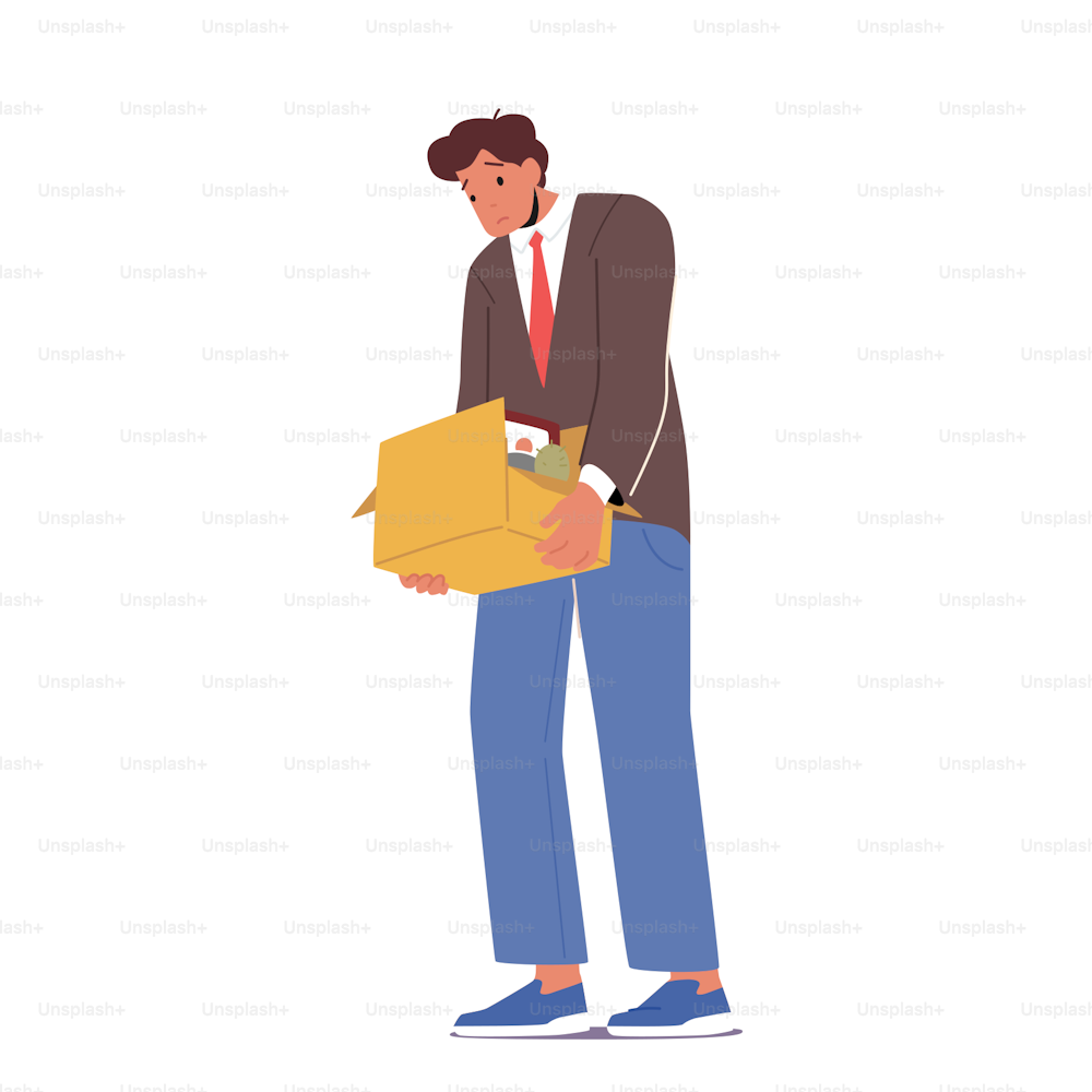 Frustrated Male Employee Fired From Job. Sad Man with Belongings in Box Isolated on White Background. Manager or Clerk Firing, Dismissal from Office, Unemployment Problem. Cartoon Vector Illustration