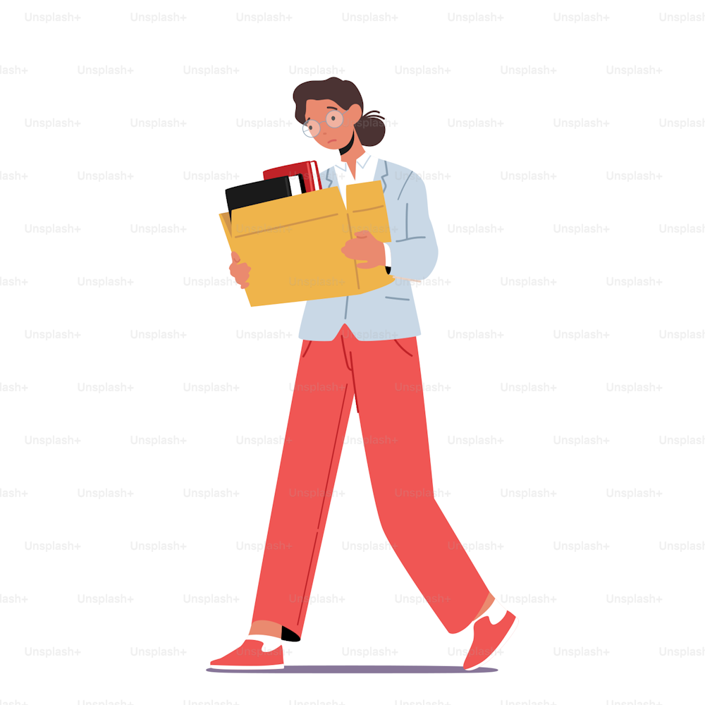 Woman Manager Fired From Job. Sad Girl Employee with Walking Box Isolated on White Background. Clerk Firing Dismissal from Office, Unemployment Problem, Relocation Concept. Cartoon Vector Illustration
