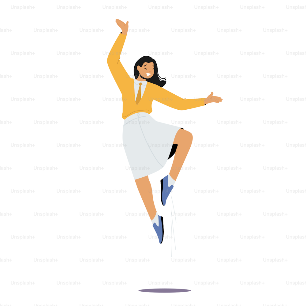 Cheerful Office Employees Jump. Happy Female Character in Company Uniform Jumping with Raised Hands. Young Positive Woman Gesture, Girl Excited Happiness Emotion Gesturing. Cartoon Vector Illustration
