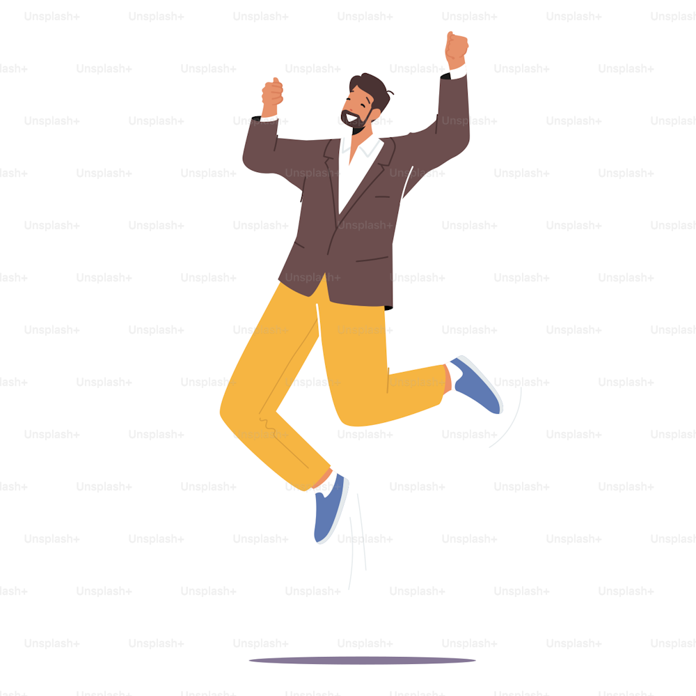 Happy Male Character Celebrate Success, Win, Victory. Cheerful Businessman Office Worker Wear Formal Clothes Jump with Raised Hands Isolated on White Background. Cartoon People Vector Illustration