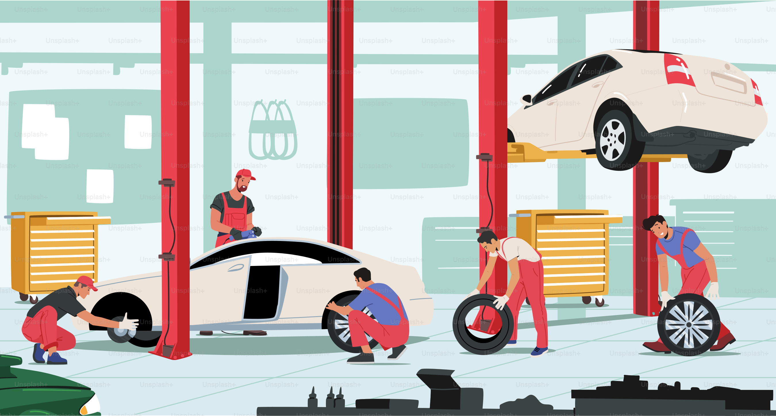 Vehicle Repair, Maintenance and Fixing Service. Workers Change Tires at Garage. Male Characters Wear Uniform Mount Tyres on Car Stand on Lift at Mechanic Workshop. Cartoon People Vector Illustration