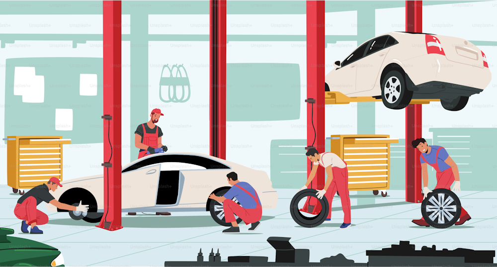Vehicle Repair, Maintenance and Fixing Service. Workers Change Tires at Garage. Male Characters Wear Uniform Mount Tyres on Car Stand on Lift at Mechanic Workshop. Cartoon People Vector Illustration