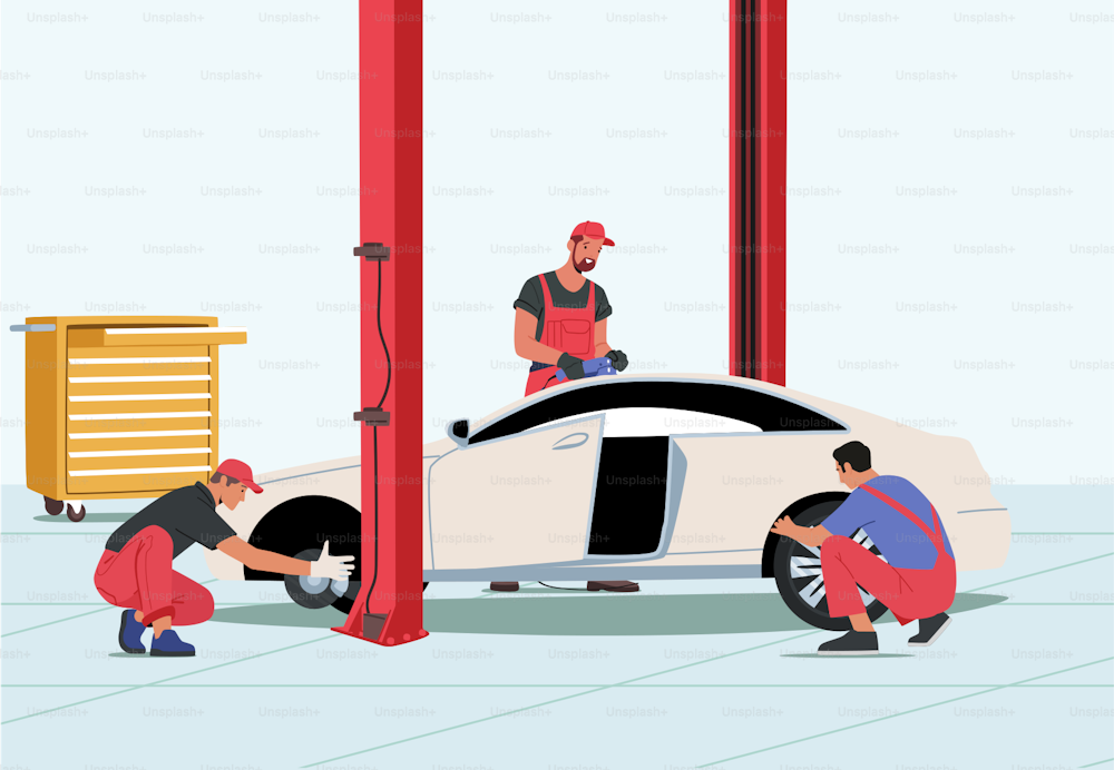 Male Characters Wear Uniform Replace Tyres at Mechanic Workshop. Roadside Vehicle Repair Service Workers Change and Mount Tires at Garage for Car Stand on Elevator. Cartoon People Vector Illustration