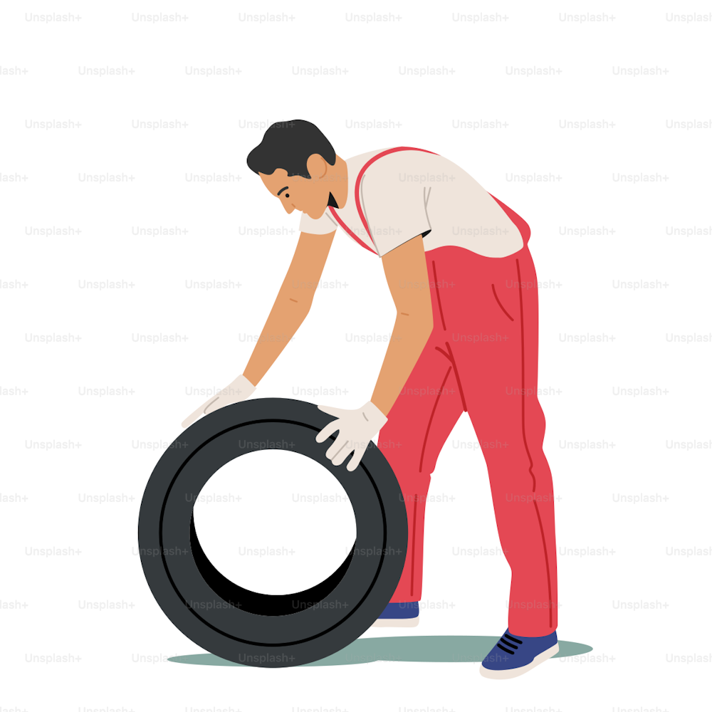 Man in Red Uniform Holding Tire for Mount or Change. Service Station Staff, Auto Mechanic Character, Diagnostics and Repair. Auto, Checking, Maintenance and Fixing. Cartoon People Vector Illustration