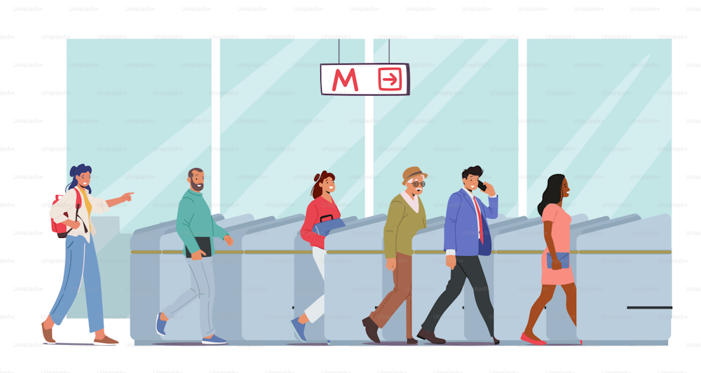 キャラクターは公共交通機関、地下鉄パスのコンセプトを使用します。改札口を通過する人々、男性と女性の乗客は、地下鉄の自動ゲートで列車のチケットをスキャンします。 漫画のベクターイラスト