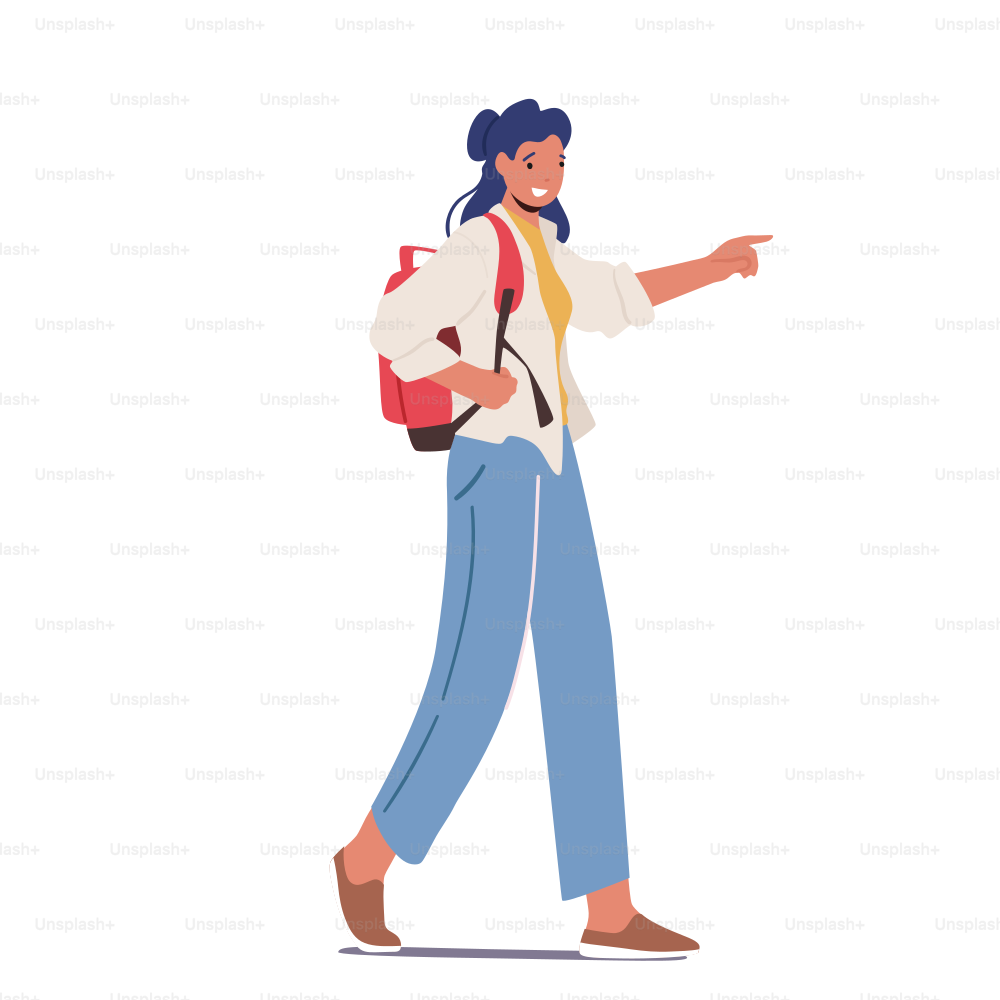 白い背景に学生のティーンエイジャーの女性キャラクターとバックパックウォーク、遊歩道。リュックサック旅行、大学や仕事に行く若い女性の通行人。漫画の人々のベクターイラスト