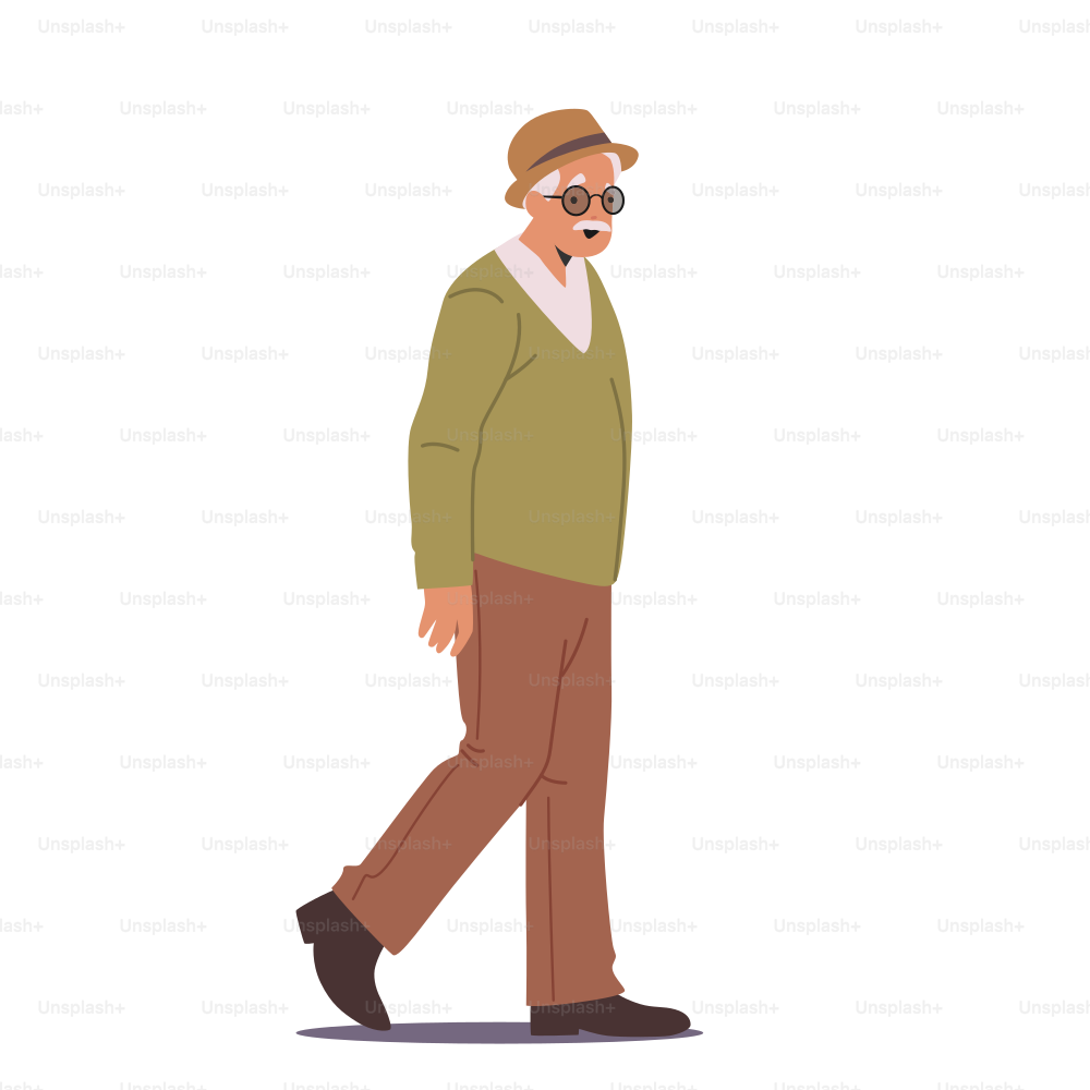 Ältere männliche Figur zu Fuß, gealterte Passanten tragen Brille und Hut gehen auf der Stadtstraße isoliert auf weißem Hintergrund. Ältere Männer Aktivität, Promenade Erholung. Cartoon Menschen Vektor Illustration