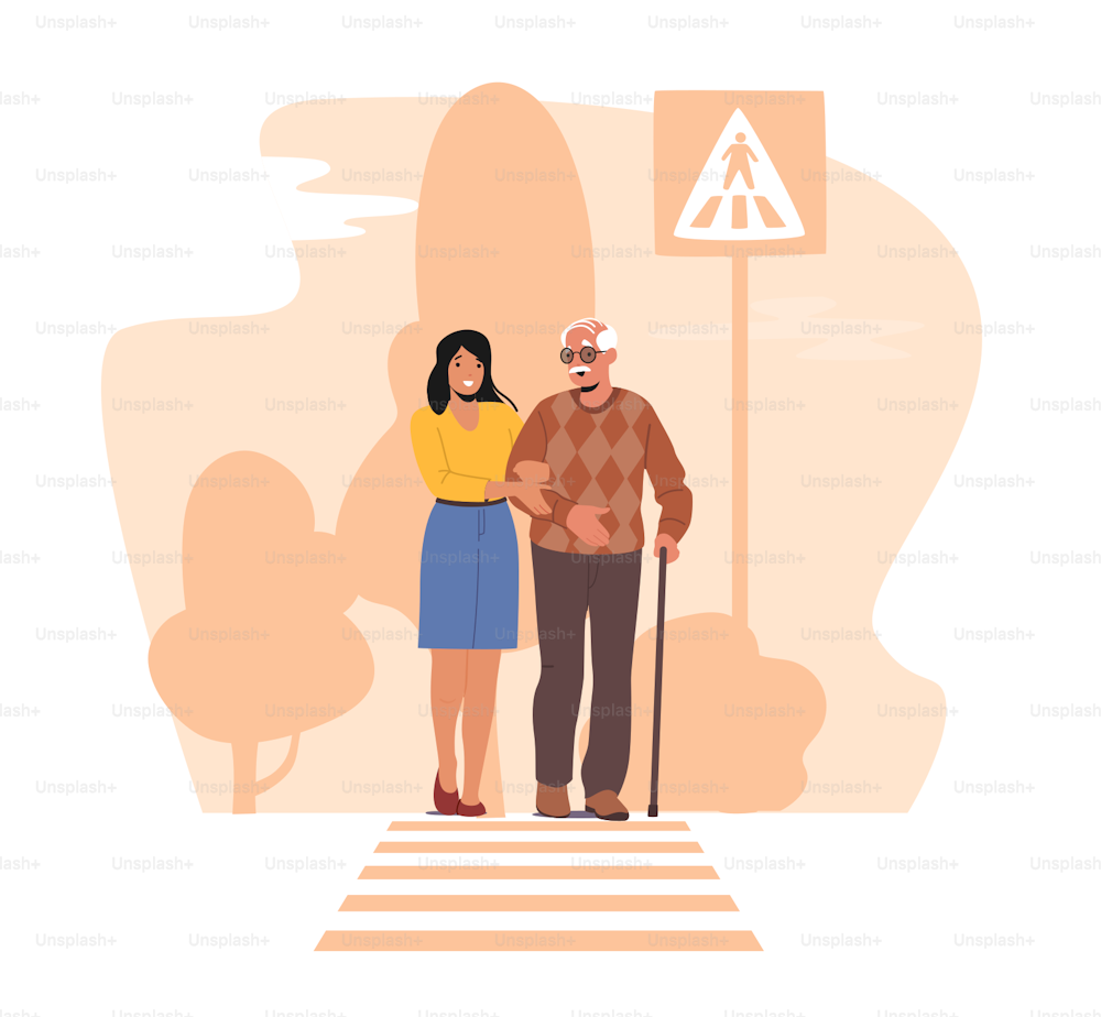 Female Character Help for Elderly Man with Walking Cane to Cross Road. Young Woman City Dweller Move over Crossroad Holding Elderly Person by Hand, Kind Person. Cartoon People Vector Illustration