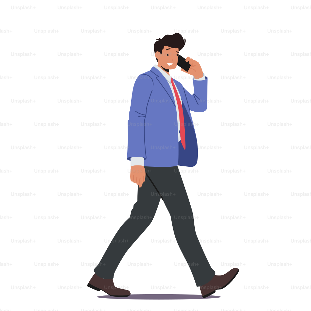 Business Man Talking by Smartphone Walking Isolated on White Background. Young Confident Businessman Character in Formal Wear Go at Work, Speaking by Mobile Phone. Cartoon People Vector Illustration