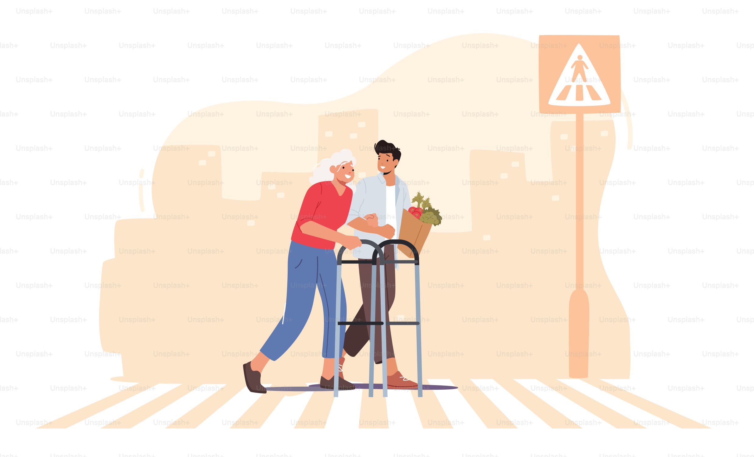 City Dweller Male Character Cross Road with Elderly Lady. Man Help Senior Woman with Walking Frame Crossing Street. Urban City Traffic Cars on Road Crosswalk. Cartoon People Vector Illustration
