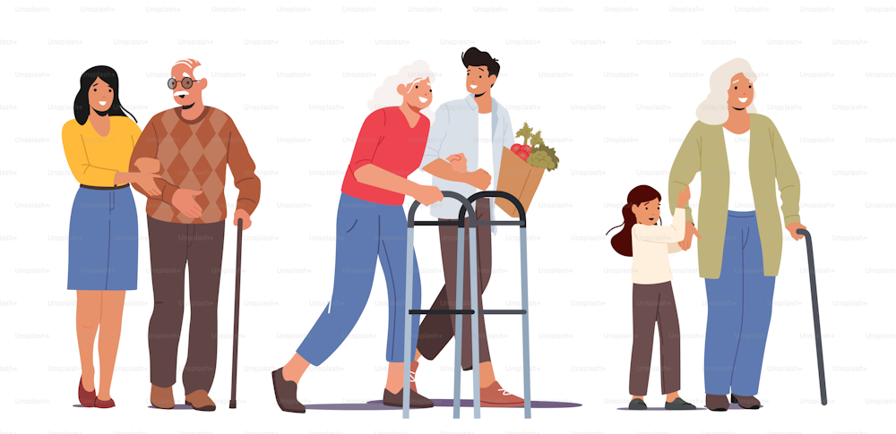Set of Characters Help to Cross Road for Elderly People. Man, Woman and Little Girl City Dwellers Support Senior Pedestrian on Street with Traffic Jam, Old People Care. Cartoon Vector Illustration