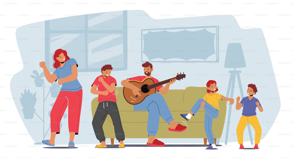 Family Rejoice, Home Party Concept. Parents and Kids Characters Dance, Father Playing Guitar, Mother with Children Happily Dancing in Living Room Together. Cartoon People Vector Illustration