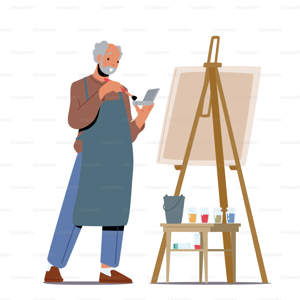 Aged People Creative Occupation, Leisure. Senior Man Artist Hobby. Old Male Painter Character Hold Paintbrush in Hand in Front of Canvas on Easel Drawing with Oil Paints. Cartoon Vector Illustration