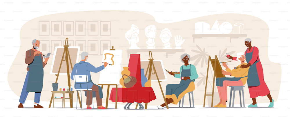 Old Men and Women Learn Drawing in Art Studio Class. Elderly Male and Female Characters Sitting at Easel Create Pictures with Support of Teacher in Workshop. Cartoon People Vector Illustration
