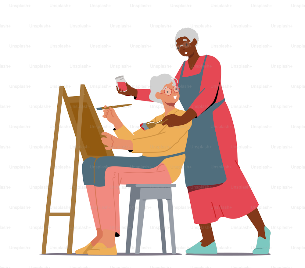 Pensioner Artistic Occupation, Painting. Senior Lady Learn Drawing in Studio with Help of Teacher, Elderly Female Character Enjoying Creative Hobby in Art Class. Cartoon People Vector Illustration