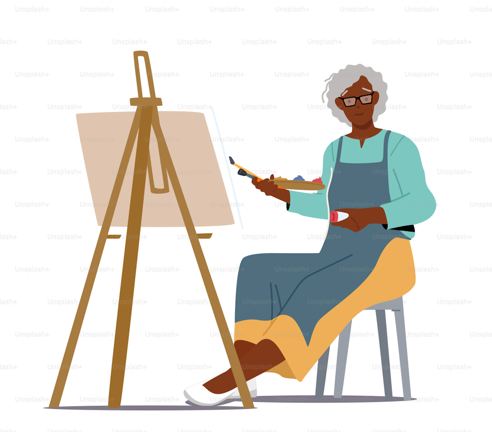 Artista donna senior tenere pennello in mano davanti alla tela sul disegno da cavalletto. Hobby creativo della signora africana invecchiata, occupazione, pittura del personaggio del vecchio pittore. Illustrazione vettoriale delle persone del fumetto