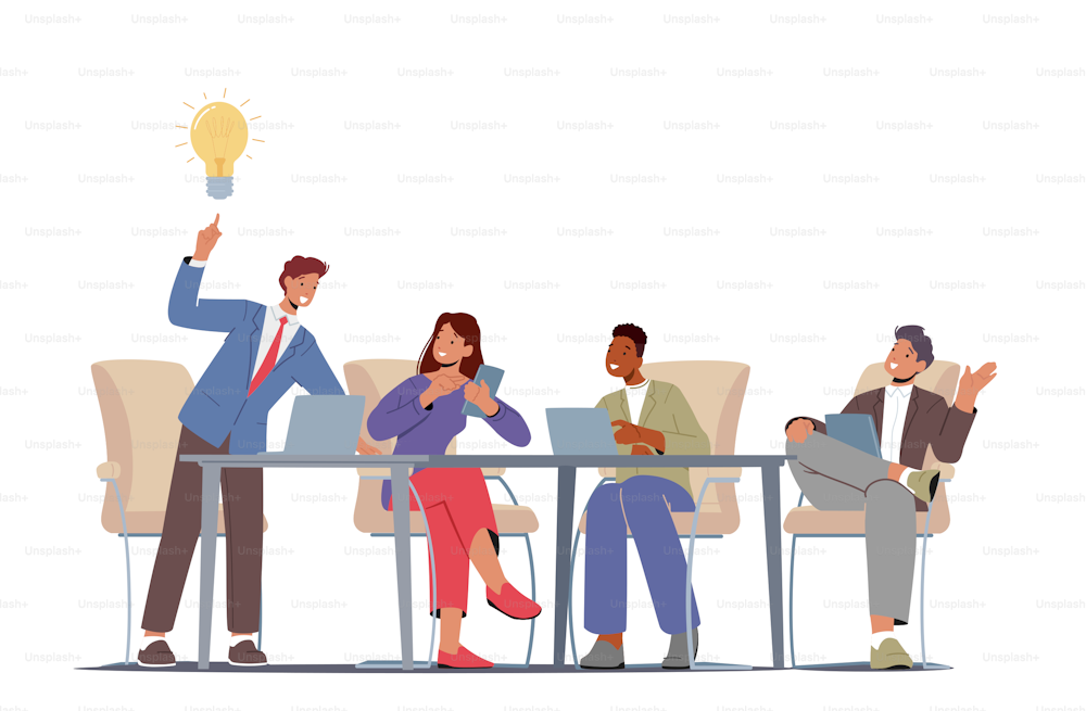 Project Development, Teamworking Concept. Creative Brainstorm Process in Office. Business People Characters Sitting at Desk with Pc Discussing Work Idea with Colleagues. Cartoon Vector Illustration