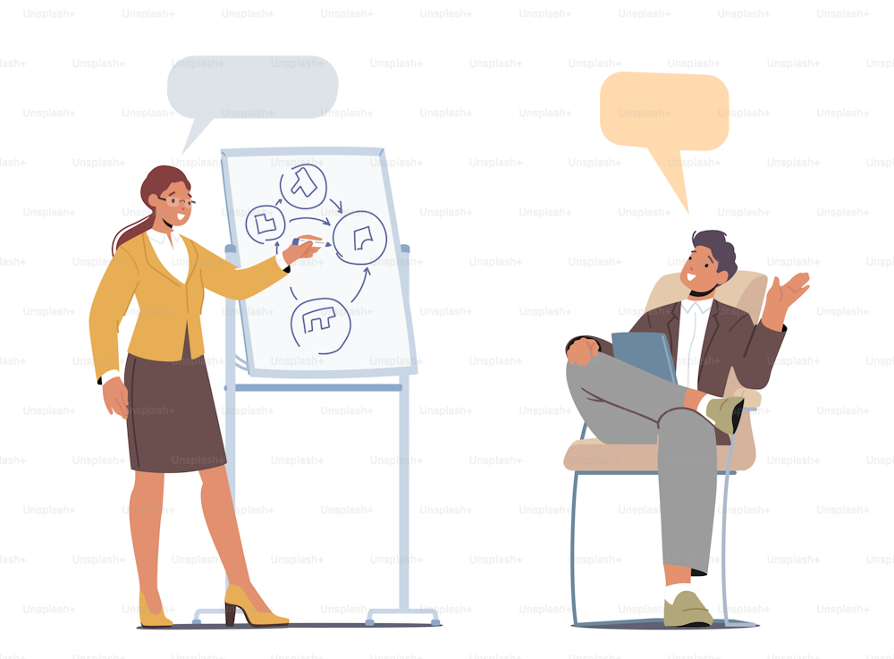 Business People Think and Discussing Idea, Teamwork, Brainstorm Concept. Creative Team Man and Woman in Office Projecting on White Board Discuss New Project. Cartoon Vector Illustration