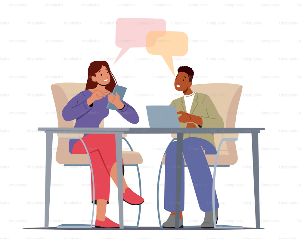 Business People Think Idea, Teamwork, Brainstorm Concept. Creative Team Man and Woman Sitting at Office Desk With Devices and Speech Bubbles Discuss New Project. Cartoon Vector t Illustration