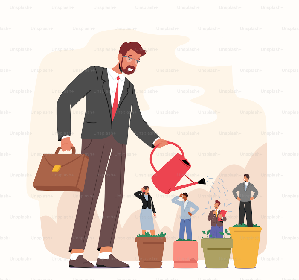 Businessman Character Watering Talented Managers Staff in Flower Pots. Hr, Talent Development, Career Growth, Training, Employee Improvement Business Concept. Cartoon People Vector Illustration