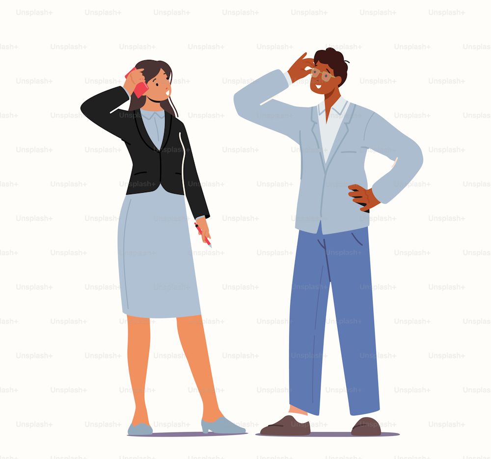Business People Communicate, Ask Questions, Searching Solution, Male and Female Characters Businesspeople Mental Research, Curiosity, Colleagues Interesting Conversation. Cartoon Vector Illustration