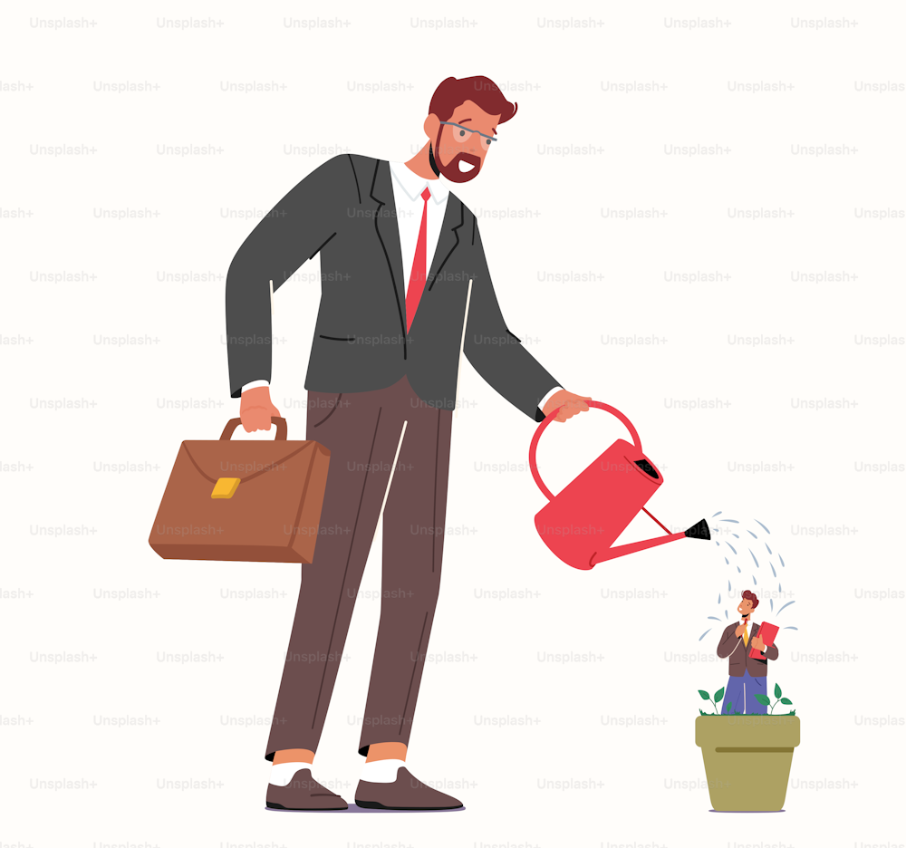 Using Talented Employee Concept, Businessman Boss or HR Manager Watering Talented Staff in Pot, Grow Seedling. Business Characters Career Growth, Training Education. Cartoon People Vector Illustration