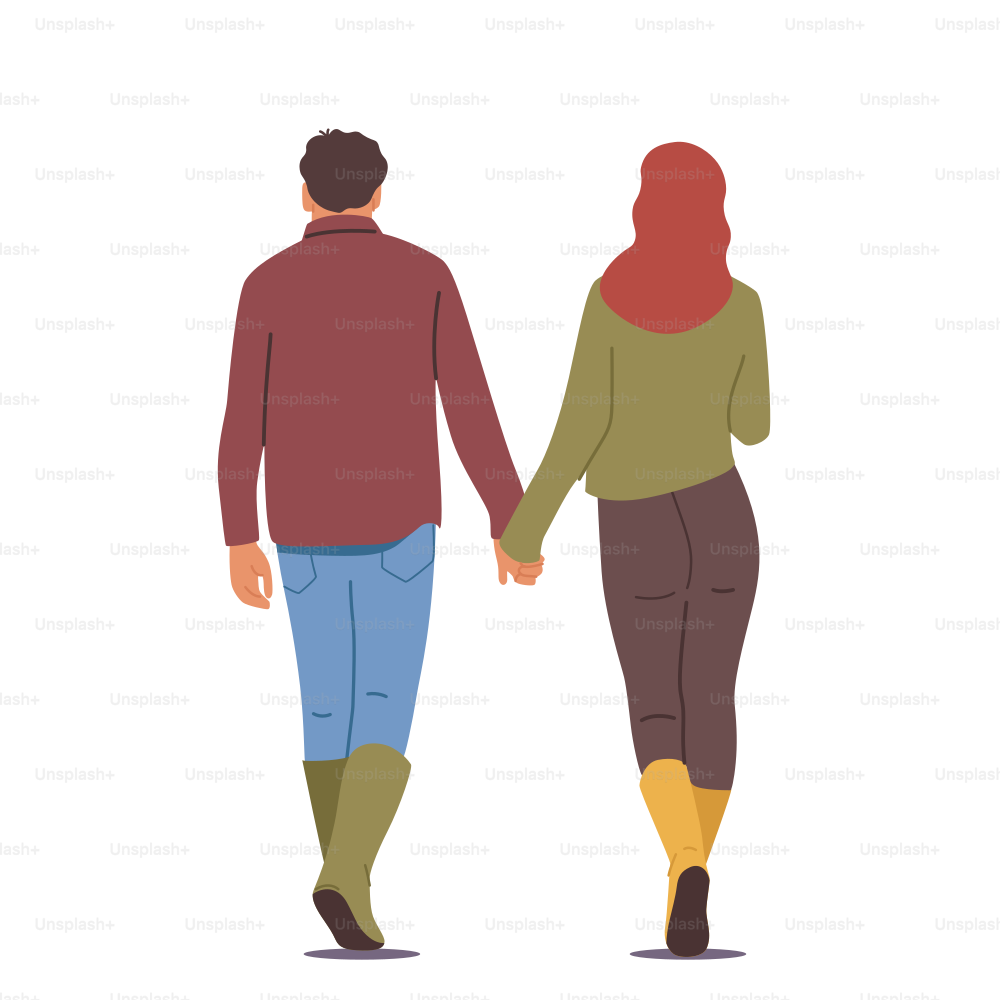 Male and Female Characters Holding Hands Rear View. Loving Couple Romantic Relations. Man and Woman Walking, Happy Lovers Dating, Love Feelings, Romance Emotions. Cartoon People Vector Illustration